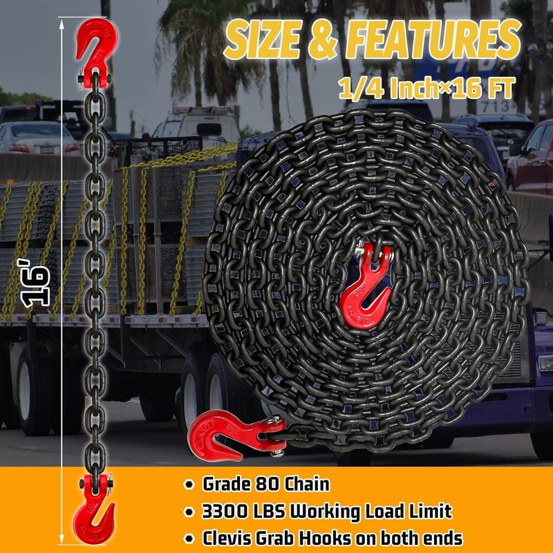SENKEYFE 1/4" Tow Chain-G80 Transport Safety Chain with G70 Clevis Grab Hook for Towing|16FT Log Chains Wll 3300 Lbs|Heavy Duty Chain for Trailer Truck Tie Down Binding Equipment(Oiled Black) - Image 2